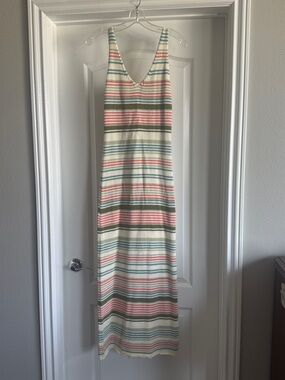Vici Cream Striped V-Neck Maxi Dress with Pink & Green
